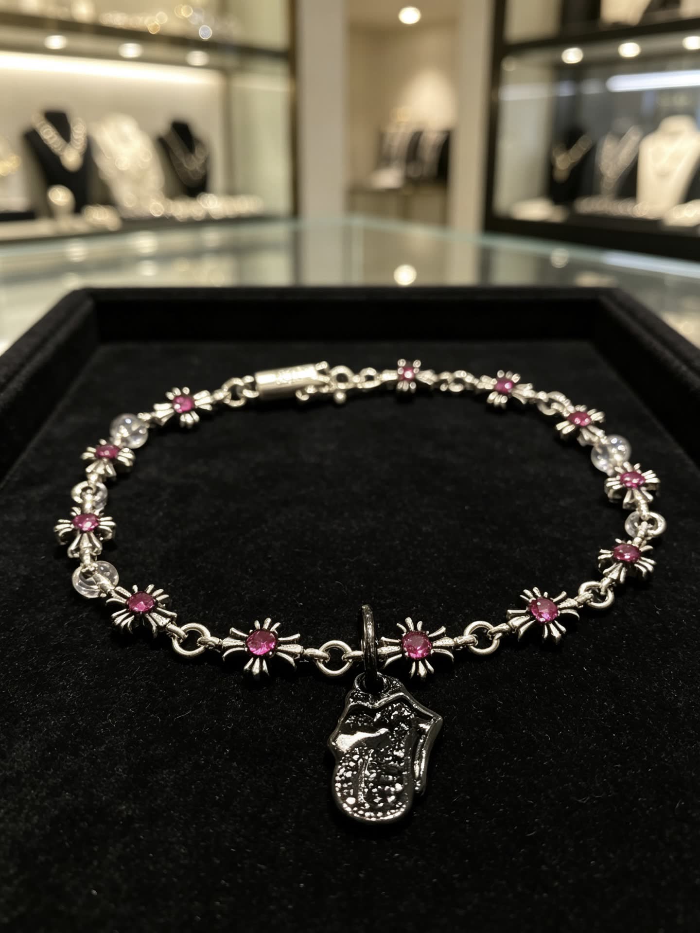Chrome Hearts Silver and Ruby Gemstone Bracelet with Beetle Charm